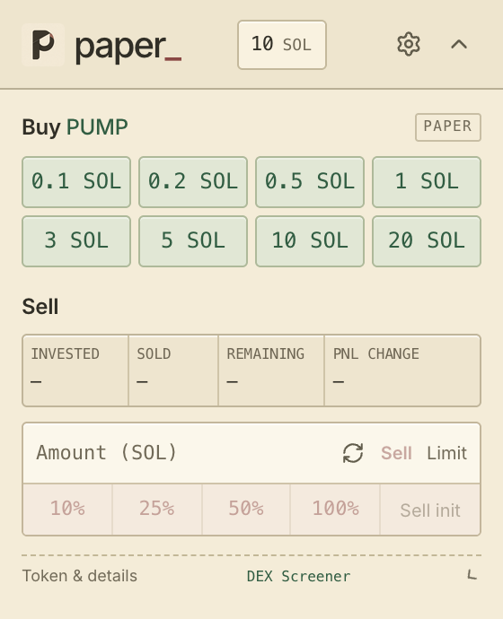 Paper extension panel with virtual buy presets, partial sells and live position PnL