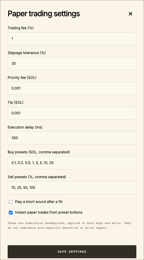 Paper settings for execution assumptions and trade presets
