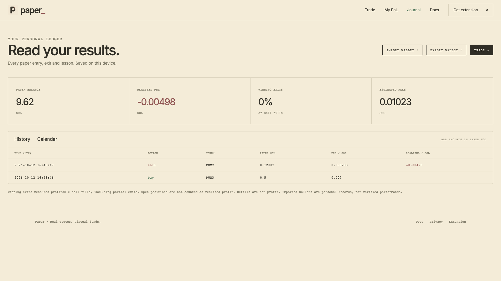 Paper trading journal with recorded fills and realized performance